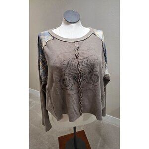 Motorcycle Graphic Waffle-Knit Patchwork Long-Sleeve Top With Raw Edges & Plaid